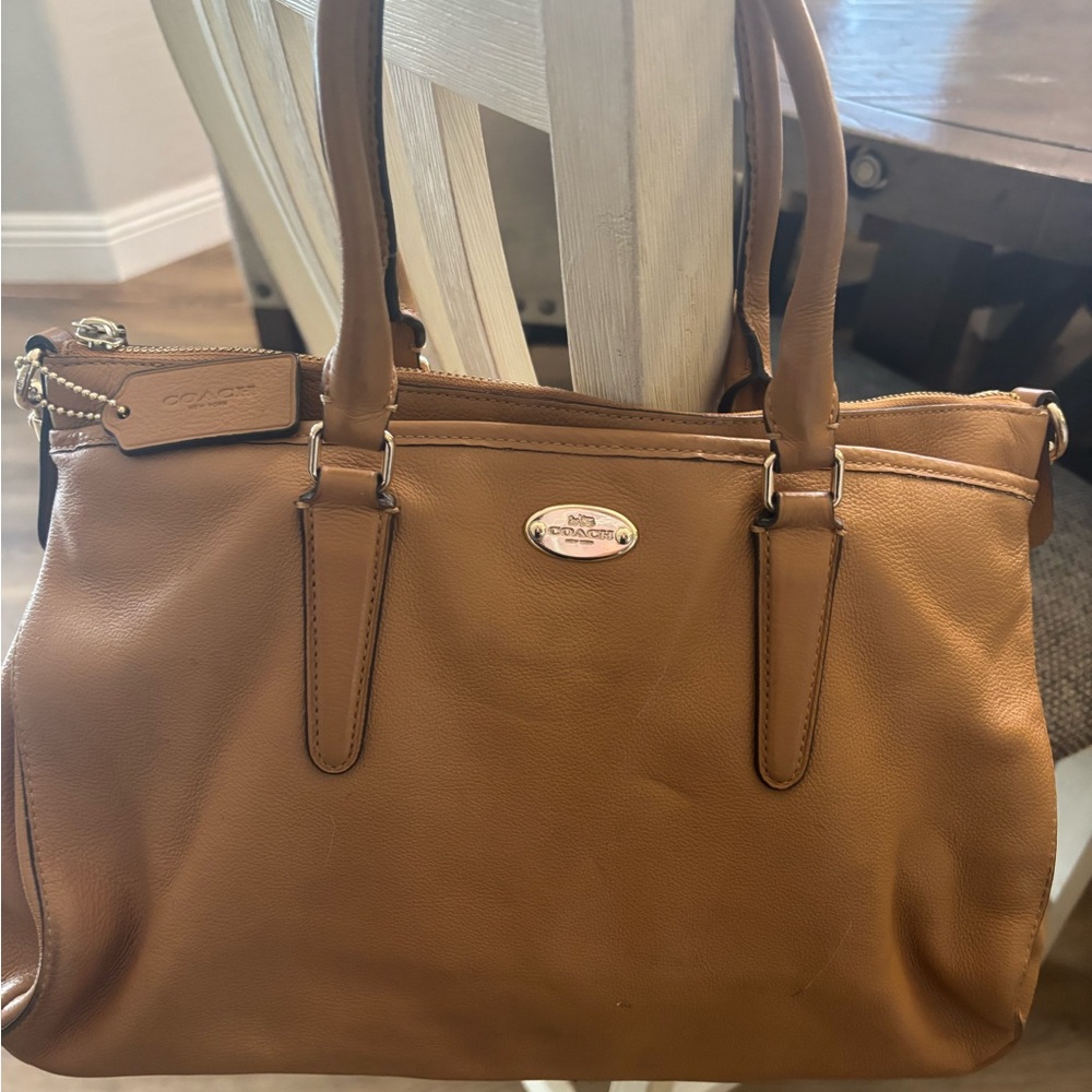 Coach Tan Leather Shoulder Bag with Structured Design